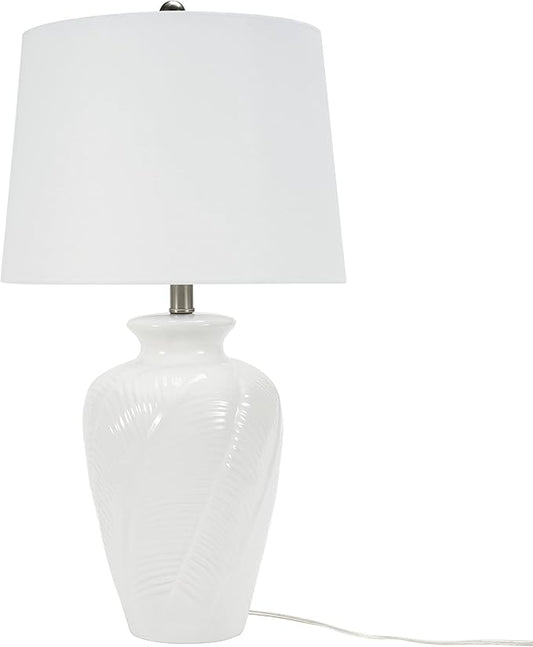 Nourison Home 26" White Glossy Feather Engraved Coastal Farmhouse Table Lamp for Bedroom, Living Room, Dining Entryway