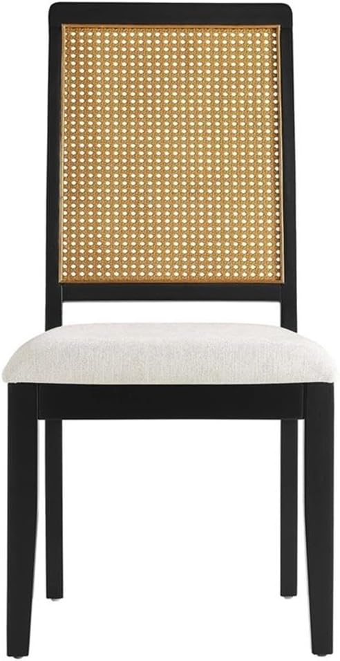 Modway Arlo Wood and Faux Rattan Dining Chairs Set of 2 in Black Natural Heathered Weave Ivory - Modern Farmhouse Accent Chairs - Fabric Upholstered Chairs for Dining Room