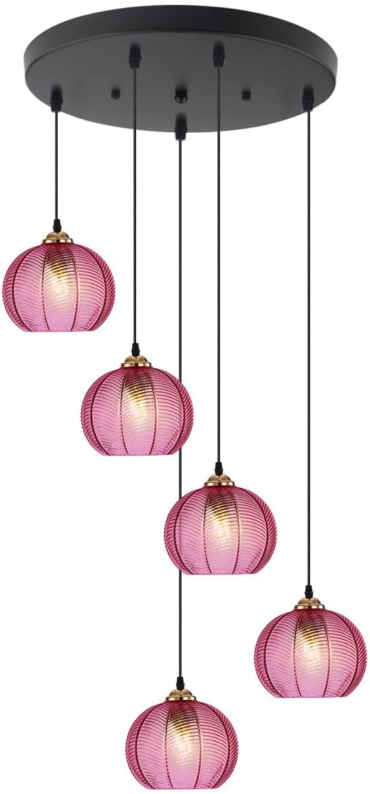 High Ceiling Long Pendant Light Fixtures Modern Stairwell Chandelier Glass Cluster Ceiling Hanging Light with Purple Globe Shade for Spiral Stairwell Entryway Foyer Living Room, Adjustable