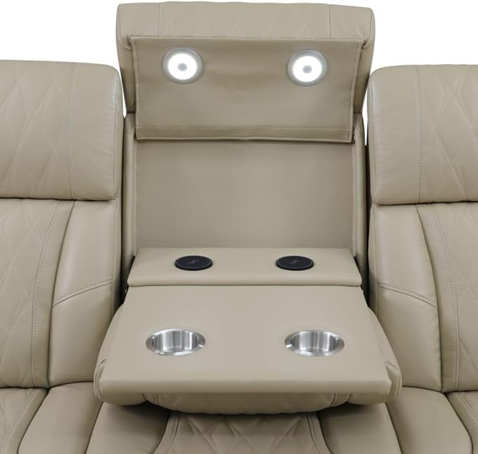 Power Recliner Sectional Sofa with LED, Breathing Leather Reclining Sectional Couch, 6 Seat L Shaped Recliner Couch with Cup Holders/Storage/Reading Light (Beige)