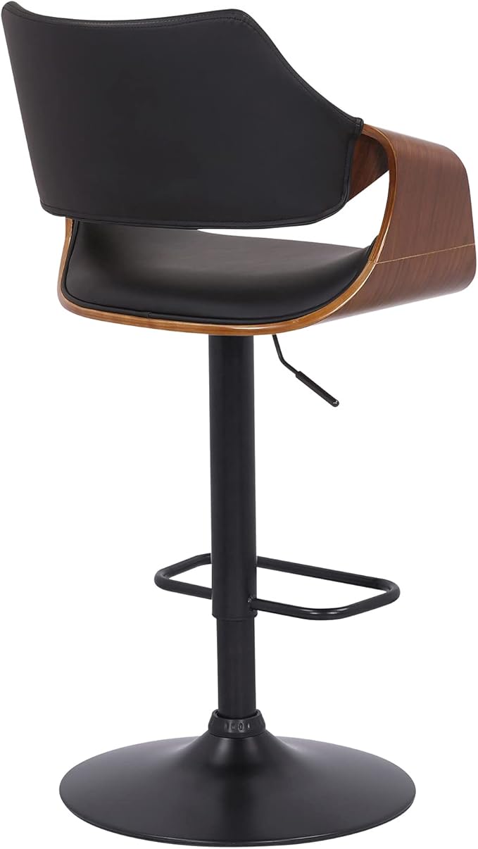 Armen Living Aspen Modern Adjustable Height Swivel Black Faux Leather and Walnut Wood Bar Stool with Black Base for Kitchen Island Counter