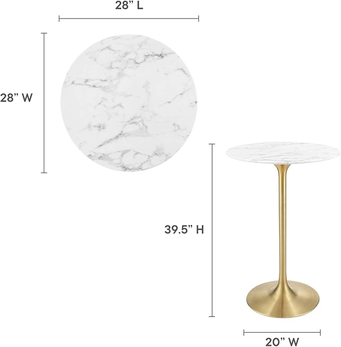 Modway Lippa 28" Mid-Century Modern Bar Table with Round White Top and Gold Pedestal Base
