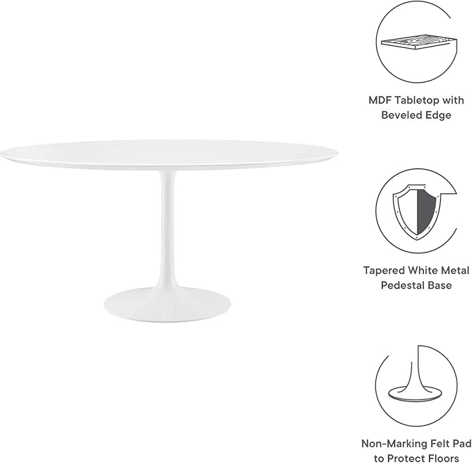 Modway Lippa 60" Mid-Century Modern Dining Table with Round Top and Pedestal Base in White