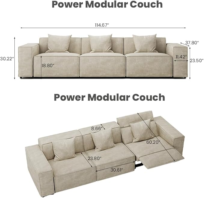 115'' Power Sofa for Living Room, Electric Recliner Couches with Performance Fabric, Modular Sectional Sofa with Pillows, Comfy Velvet Cloud Couch with Deep Seat(Beige)