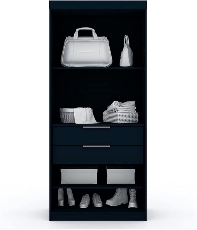 Manhattan Comfort Mulberry 2.0 Corner Wardrobe Closet with Drawers, Hanging Rods and Adjustable Shelves, 2-Piece Free Standing, Open Sectional Design for Bedrooms & Dressing Rooms, Midnight Blue