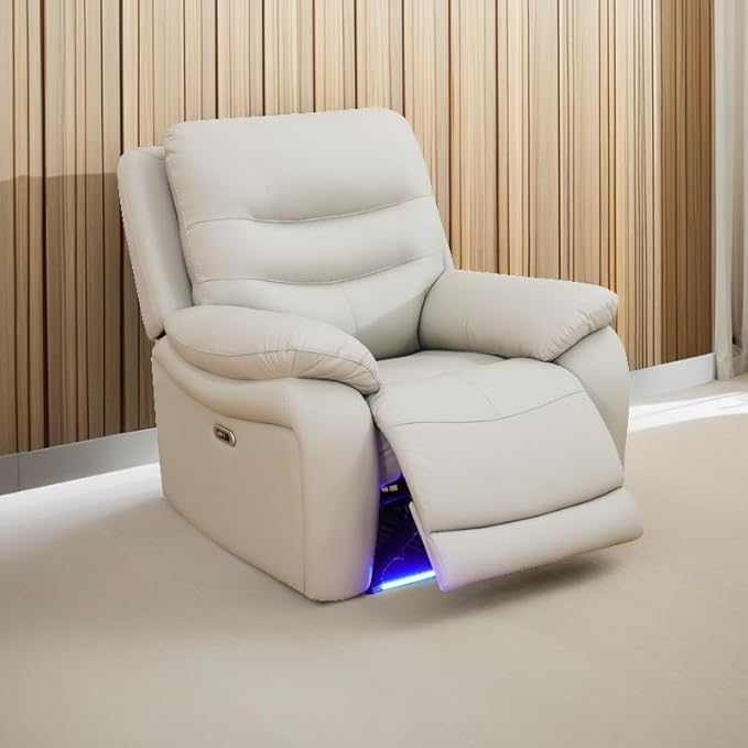 Power Reclining Sofa Set, Genuine Leather Recliner Sofa Set,Living Room Furniture Setwith USB Charging and LED Lights,for Living Room/Apartment/Office/Home Theather,Light Grey,C