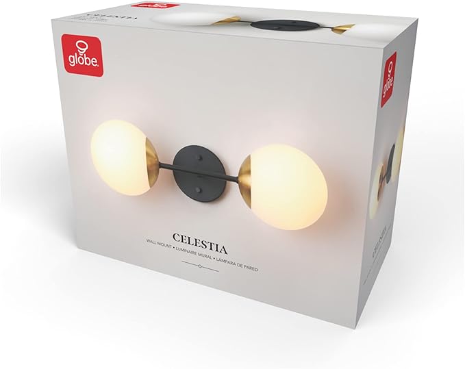 Globe Electric 52079 2-Light Wall Sconce, Matte Black, Antique Brass Accent Socket, Matte Opal Glass Shades, Modern Light for Living Room or Bedroom, Dimmer Switch Compatible, E26 Base