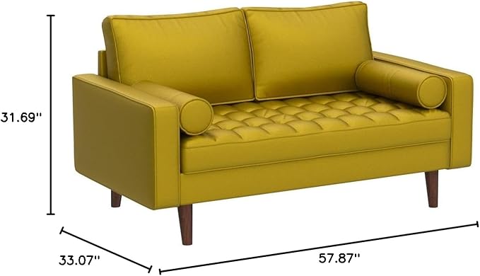 Container Furniture Direct Womble 58 Inch Velvet Loveseat Sofa with Elegant Button Tufted Upholstery, Square Arms, Splayed Wood Legs, Includes Matching Bolster Pillows, Dijon
