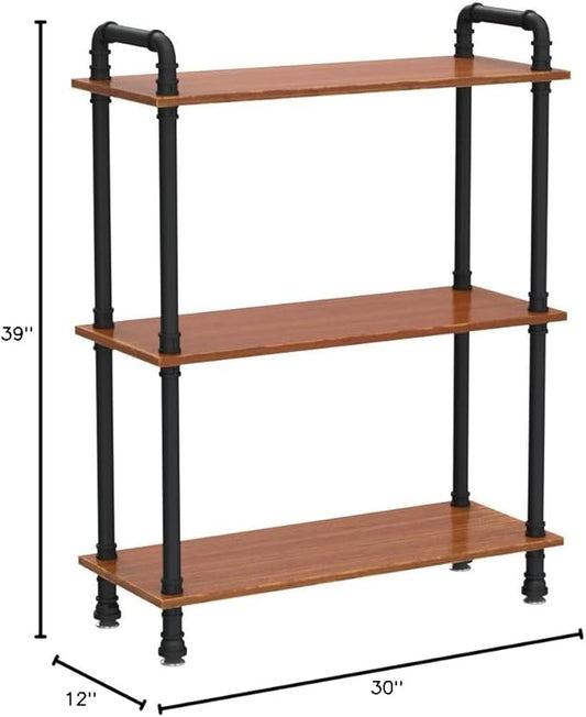 Industrial Bookshelf, 3 Tier Pipe Shelving, Industrial Pipe Shelf - Rustic Brown, 29.5" L x 11.8" W x 39" H