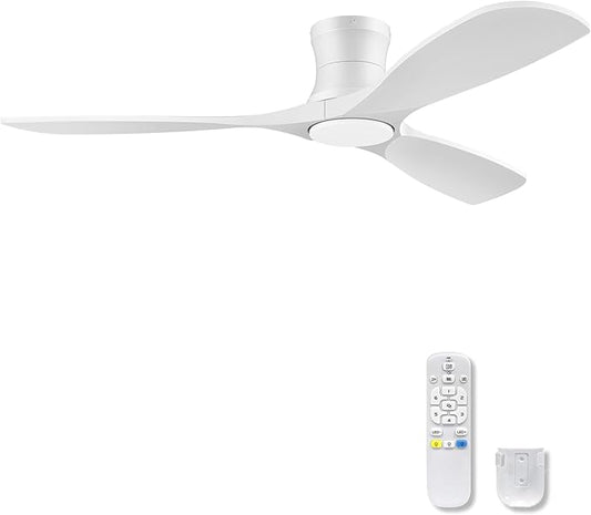 52" White Wood Flush Mount Ceiling Fans with Lights and Remote,Quiet DC Motor,Dimmable,Reversible,Ultra Low Profile Ceiling Fan for Master Bedroom Living Room Patio,Modern Indoor/Outdoor Use