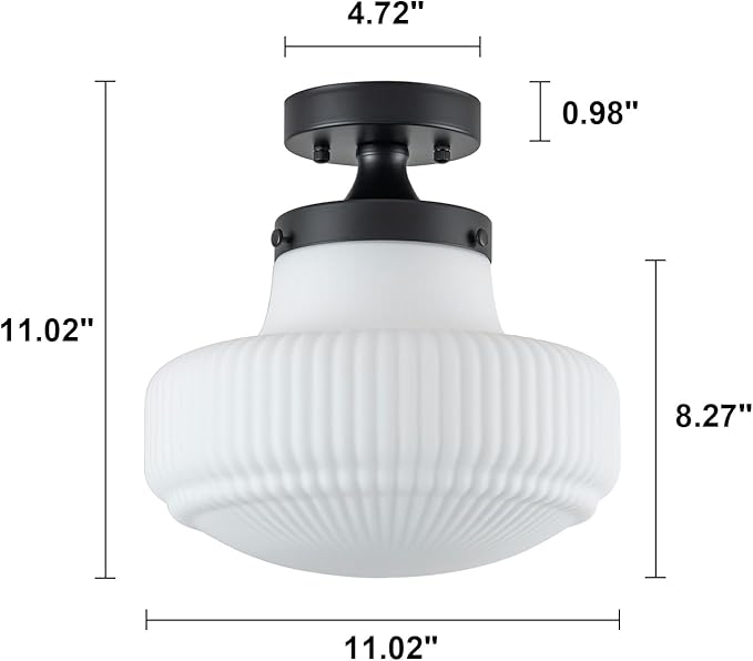 Milk Glass Ceiling Light Fixture 11" Schoolhouse Lights Fixtures Modern Black Semi Flush Mount Ceiling Light for Hallway Bedroom Bathroom Kitchen Foyer