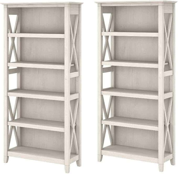 Bush Home Key West 5 Shelf Bookcase - Set of 2 | Tall Bookshelves in Linen White Oak | Sturdy Display Shelves for Library, Living Room, and Home Office