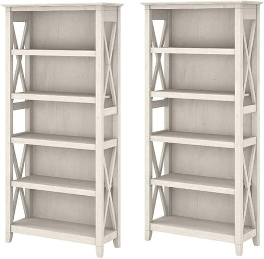 Bush Home Key West 5 Shelf Bookcase - Set of 2 | Tall Bookshelves in Linen White Oak | Sturdy Display Shelves for Library, Living Room, and Home Office