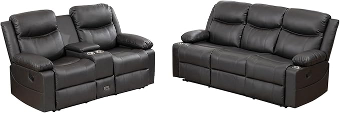 Recliner Sofa Set - Reclining Sofa Couch Set, 2 Pieces Recliner Furniture Sofa Set, 3-Seater Reclining Sofa & 2-Seater Reclining Loveseat with Massage & Heat for Living Room (Grey) | Side Pocket, Hidden Drawer, Cup Holder