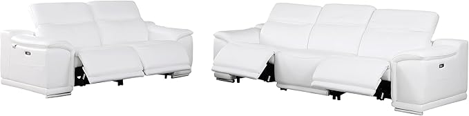 BlackJack Furniture Venice Top Grain Italian Leather Recliner 5 Seater 4 Power Reclining Seater 2 Piece Sofa Set with Adjustable Headrests Modern Seating Sofa and Loveseat for Living Room , White