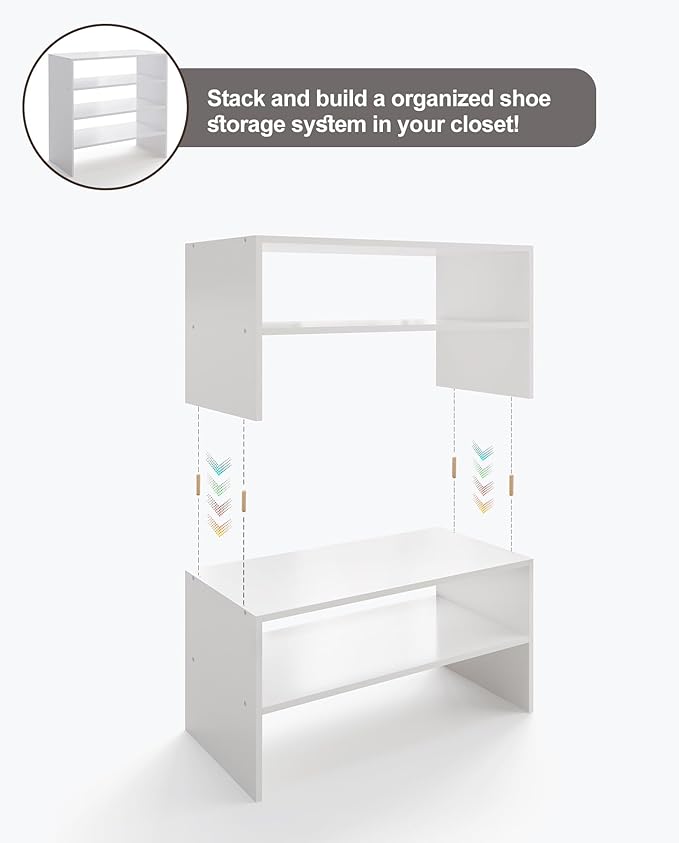 2-Tier Stackable White Shoe Rack, Wooden 2-Shelf Shoe Organizer Freestanding Shoe Storage Stand for 6-9 Pairs, Perfect for Closet, Entryway, Office Use - Modern White