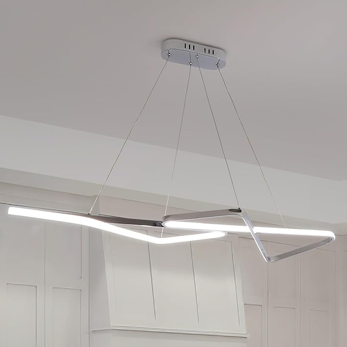 47.24 in Dimmable Modern LED Chandeliers for Dining Room - Adjustable Height Pendant Light Fixture Over Table, Contemporary Silver Chandelier Light Fixture (Chrome 47.24")