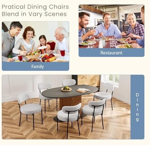DUMOS Dining Chairs Set of 4, Mid Century Modern Chair Round Upholstered Curved Backrest, Kitchen Vanity Living Room Chairs with Black Metal Legs，Classic Grey