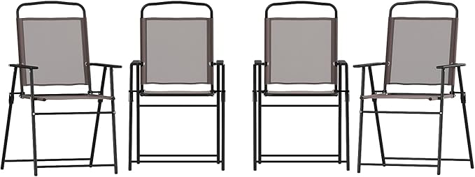 Flash Furniture Mystic Folding Patio Sling Chairs, Outdoor Textilene Lawn Chairs with Armrests, Set of 4, Brown