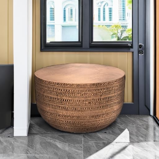 SIMPLIHOME Johnsen Metal Coffee Table - 30 inch Wide Solid Metal Round Drum Accent Table in Antique Copper, Boho Coffee Table for Living Room or Bedroom with Textured Design, Assembled