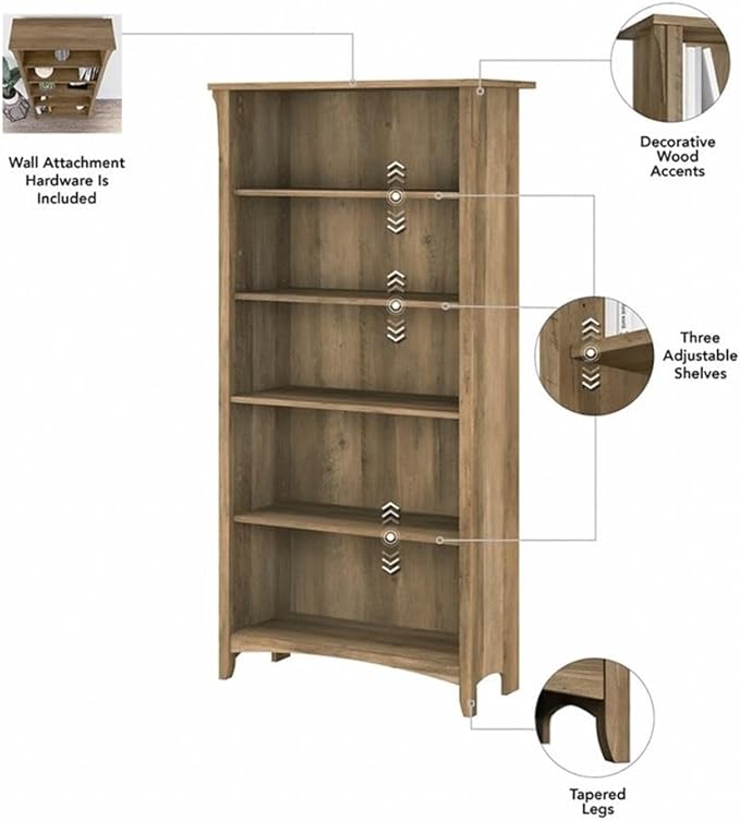 Bush Home Salinas Tall 5 Shelf Bookcase - Set of 2 in Reclaimed Pine, Vertical Office Storage, Bookshelves for Home Workspace, Multi-Purpose Shelving Units