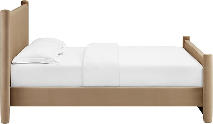 Modway Rael King Platform Bed Frame with Upholstered Headboard and Footboard in Taupe – Stain-Resistant Performance Velvet King Size Bed with Rounded Posts