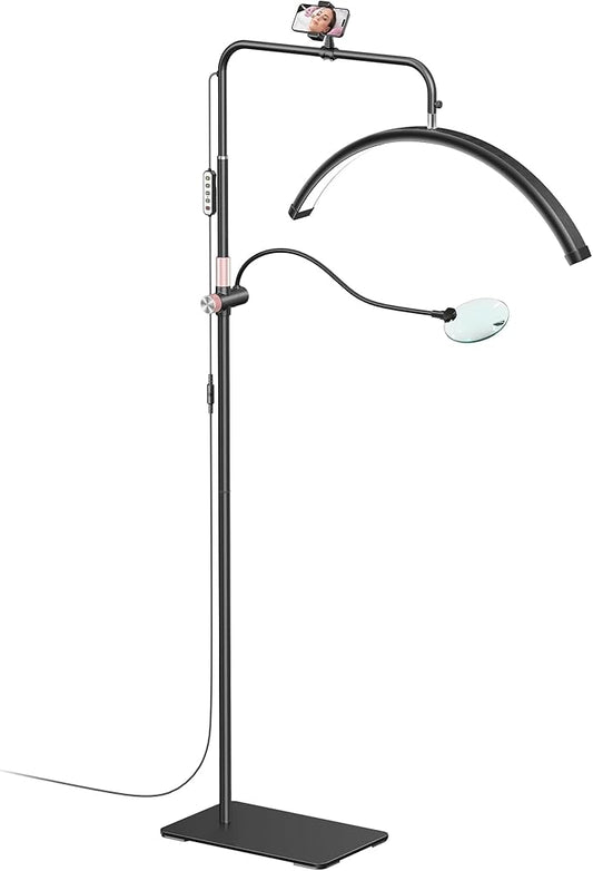 AURELLE Half Moon Lash Light - Adjustable LED Floor Lash Lamp with 4X Magnifier & Phone Holder for Eyelash Extensions,Nail Art,Tattoo,Skincare,Salon SPA-Dimmable Brightness,Rotating Head, Black