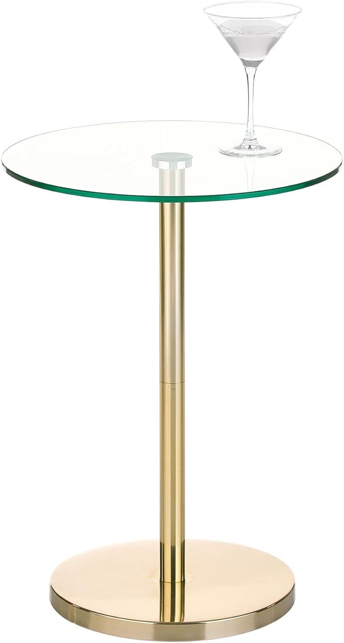 mDesign Glass Top Side/End Drink Table - Tall Modern Round Accent Metal Nightstand Furniture for Living Room, Dorm, Home Office, and Bedroom - 16" Round - Clear/Soft Brass