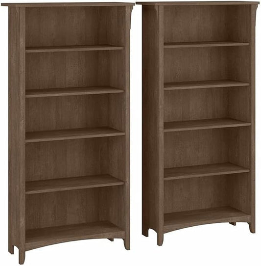 Bush Home Salinas Tall 5 Shelf Bookcase - Set of 2 in Ash Brown, Vertical Office Storage, Bookshelves for Home Workspace, Multi-Purpose Shelving Units