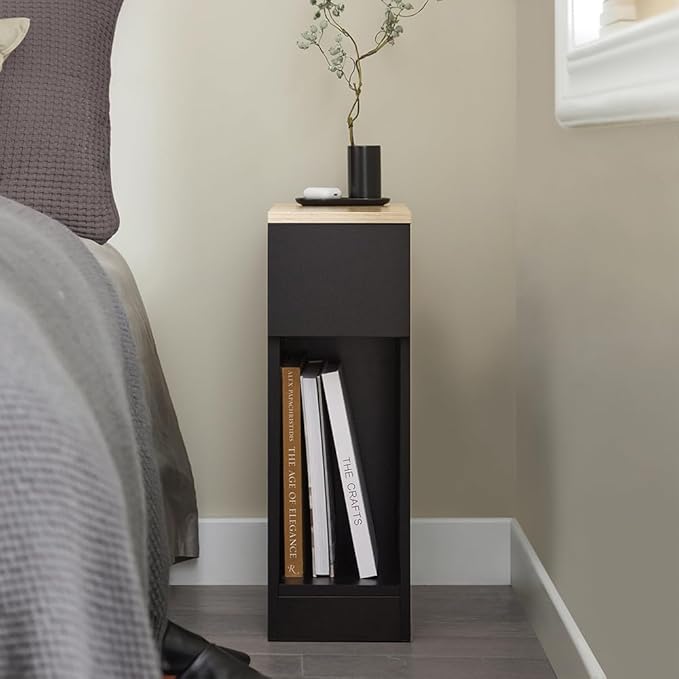 SoBuy Narrow NightStand Set of 2 – Slim Black Bedside Tables with Drawer & Shelf, Compact End Table for Small Bedroom, Couch, Entryway – Skinny Night Stand Set 2 for Storage FBT111-SCHX2