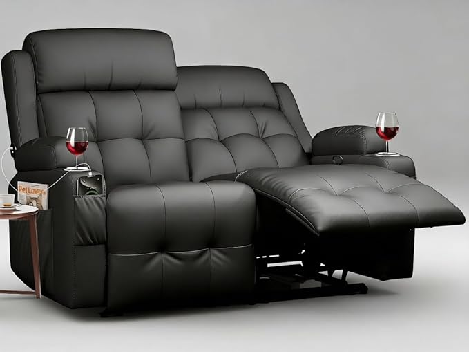 Reclining Loveseat, Wall-Hugger Loveseat Recliner Design with USB/Type C Charging & Storage & Cupholder, Pebble-Weave Fabric Recliner Sofa Couch for Living Room, Home Theater & RV Use