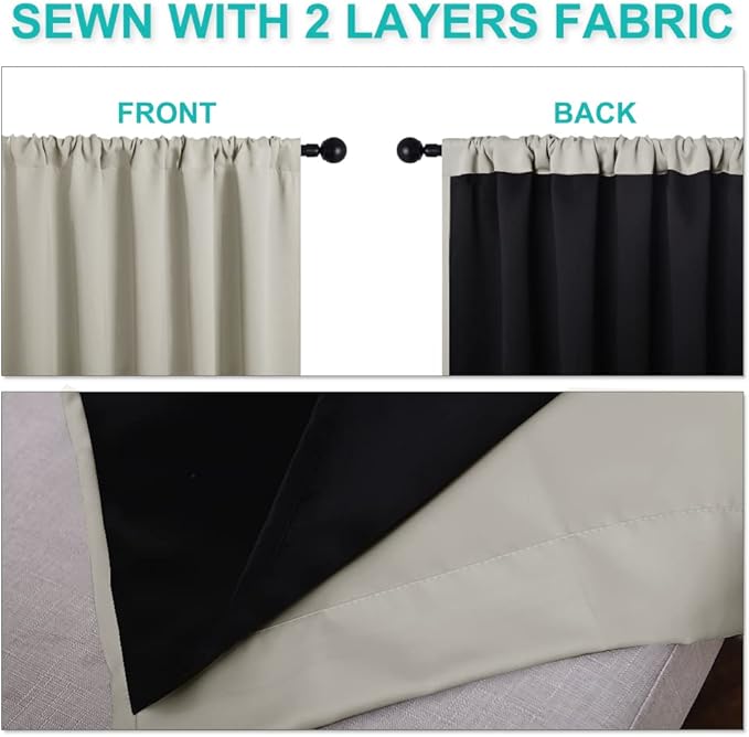 NICETOWN Living Room Completely Shaded Draperies, Privacy Protection & Noise Reducing Drapes, Black Lined Window Treatment Curtain Panels for Patio Sliding Glass Door (Natural, 2 Pieces, W52 x L84)