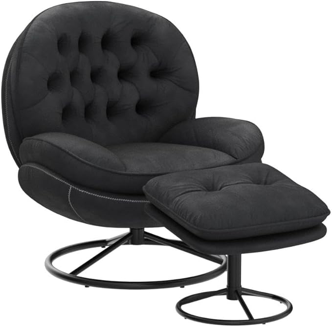 Velvet Swivel Accent Chair with Ottoman Set, Modern Lounge Chair with Metal Base Frame & Footrest, Comfortable Single Leisure Sofa Chair Reading Chair with 360 Degree Swiveling for Living Room, Black