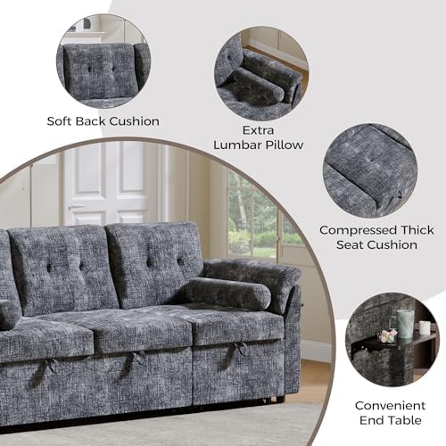 Convertible Sleeper Sofa Bed, 63 Inch Chenille Pull Out Couch with Side Table & Adjustable Backrest, Sectional Sleeper Sofa with Pull Out Bed for Living Room, Apartment, Gray