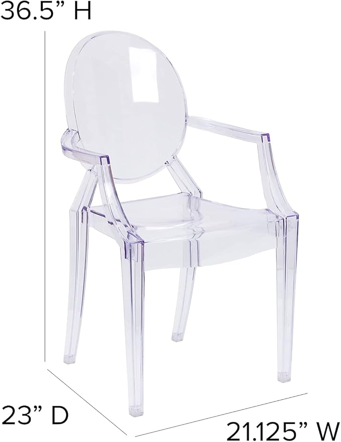 Flash Furniture Indoor/Outdoor Ghost Accent and Dining Chair with Curved Arms and Contoured Seat, Stackable Restaurant Chair, Transparent Crystal