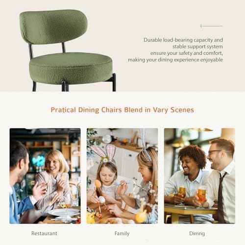 DUMOS Dining Chairs Set of 4, Mid Century Modern Chair Round Upholstered Curved Backrest, Kitchen Vanity Living Room Chairs with Black Metal Legs, Green