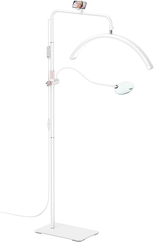 AURELLE Half Moon Lash Light - Adjustable LED Floor Lash Lamp with 4X Magnifier & Phone Holder for Eyelash Extensions,Nail Art,Tattoo,Skincare,Salon SPA-Dimmable Brightness,Rotating Head, White
