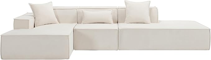 Ball & Cast 129" Tofu Block Modular Sofa Set with Left-Hand Facing Chaise,Modern Sectional Couch W/Square Armrest & Pillows,Free Combination,Italian Minimalist Style,for Livingroom,Beige Terrycloth