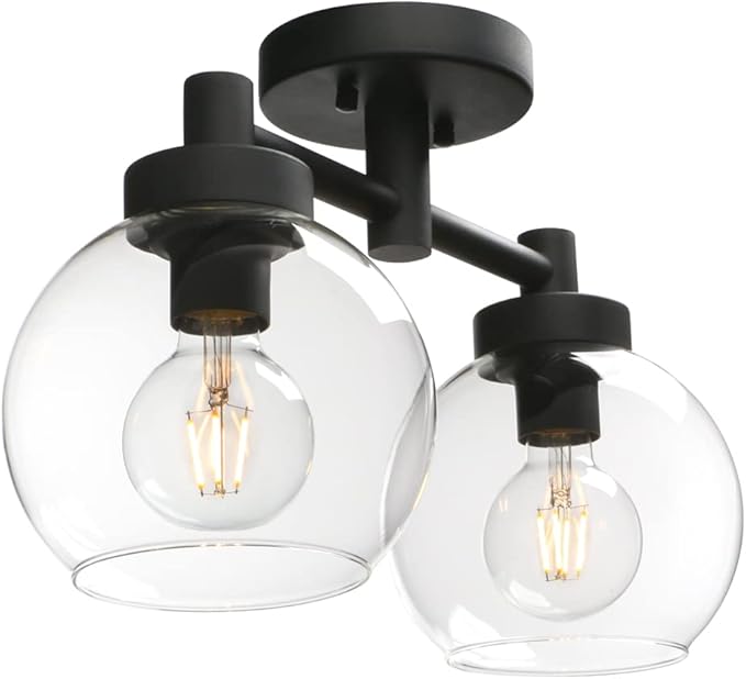 Pathson Glass Ceiling Light Fixtures, 2 Lights Globe Round Ceiling Lighting Lamp, Semi-Flush Mounted Ceiling Lights for Living Room Bathroom Hallway Loft Kitchen