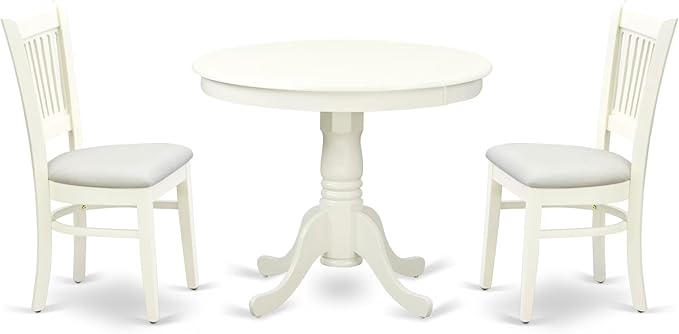 East West Furniture ANVA3-LWH-C 3 Piece Dining Table Set for Small Spaces Contains a Round Kitchen Table with Pedestal and 2 Linen Fabric Kitchen Dining Chairs, 36x36 Inch, Linen White
