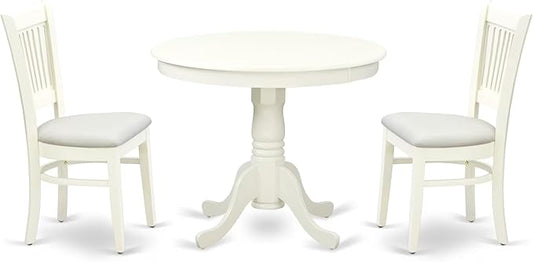 East West Furniture ANVA3-LWH-C 3 Piece Dining Table Set for Small Spaces Contains a Round Kitchen Table with Pedestal and 2 Linen Fabric Kitchen Dining Chairs, 36x36 Inch, Linen White