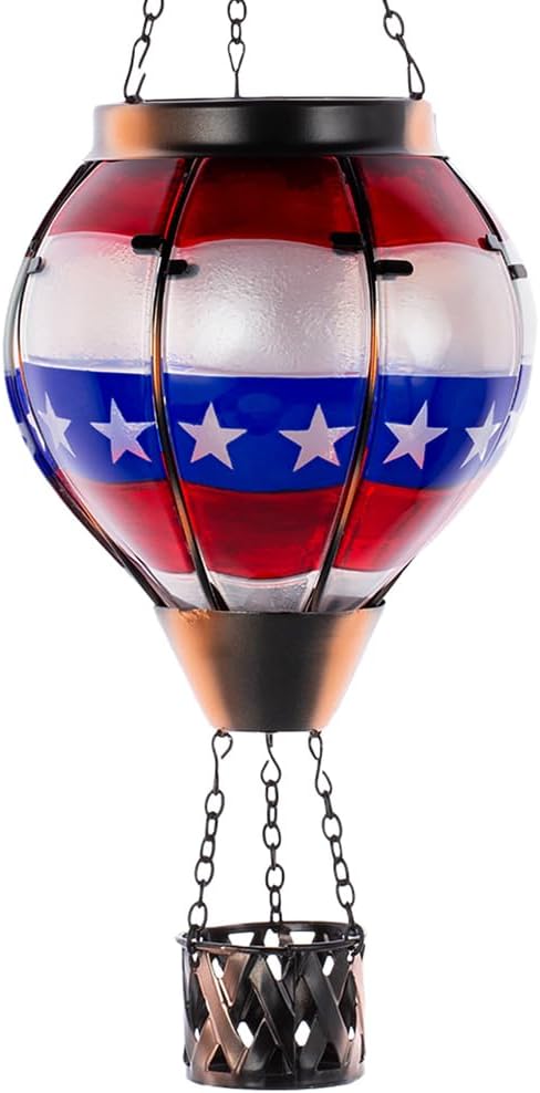 DREAMSOUL Flag Solar Hot Air Balloon Lantern with Flame, Hanging Solar Lanterns Outdoor Waterproof Glass Lantern Flag Day for Patio Decor, Fourth of July Decorations