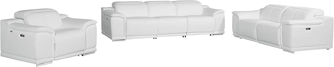 BlackJack Furniture Venice Top Grain Italian Leather Recliner 6 Seater 5 Power 3 Piece Sofa Set with Adjustable Headrests Modern Luxury Seating Sofa, Loveseat and Chair for Living Room Lounge, White