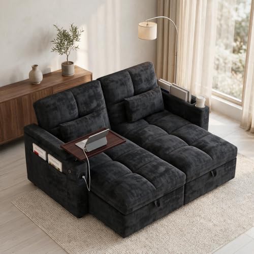 Convertible Sectional Sofa Bed with Storage, Tray & USB Port, Black