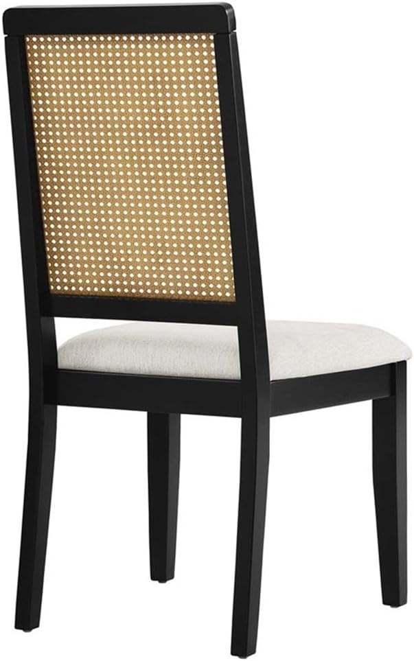 Modway Arlo Wood and Faux Rattan Dining Chairs Set of 2 in Black Natural Heathered Weave Ivory - Modern Farmhouse Accent Chairs - Fabric Upholstered Chairs for Dining Room