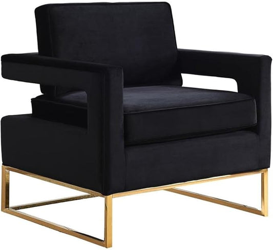 Meridian Furniture Modern | Contemporary Black Velvet Upholstered Accent Chair with Stainless Steel Base in a Rich Gold Finish, 33.5" W x 29.5" D x 35.5" H,