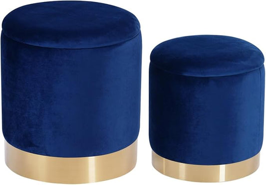 Round Velvet Nesting Ottomans with Spacious Storage set of 2, Upholstered Pouf Footrest with Gold Metal Hoop Accent, Multifunctional Side Table,Vanity Stool for Living Room,Bedroom and Dorm (Blue)