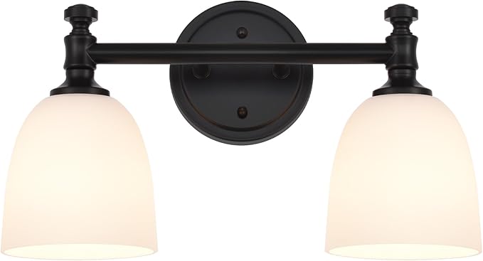 Black Bathroom Vanity Light, 2-Light Bathroom Light Fixtures Over Mirror, Traditional Vanity Lights for Living Room, Milk White Bell Glass Shades, Standard E26 Base, Matte Black