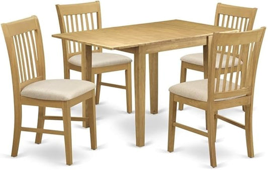 East West Furniture NDNO5-OAK-C 5 Piece Modern Dining Table Set Includes a Rectangle Wooden Table with Dropleaf and 4 Linen Fabric Dining Room Chairs, 30x48 Inch, Oak