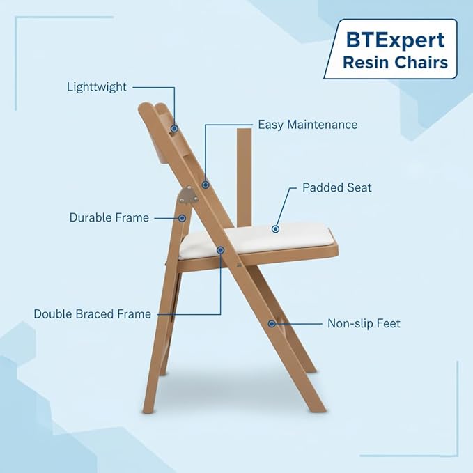BTEXPERT Resin Folding Chair Vinyl Padded Seat Indoor Outdoor Lightweight Set for Home Event Party Picnic Kitchen Dining Church School Weddings- 30 Natural Chestnut